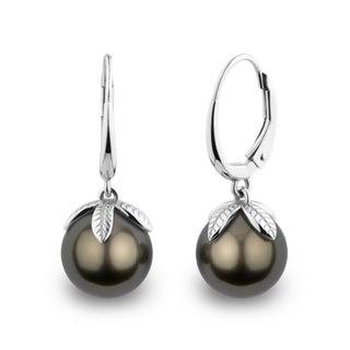 Leaf Collection 9.0-10.0 mm Tahitian Pearl Earrings featuring dark round pearls accented with delicate 14K white gold leaf-shaped caps and polished lever-back clasps.