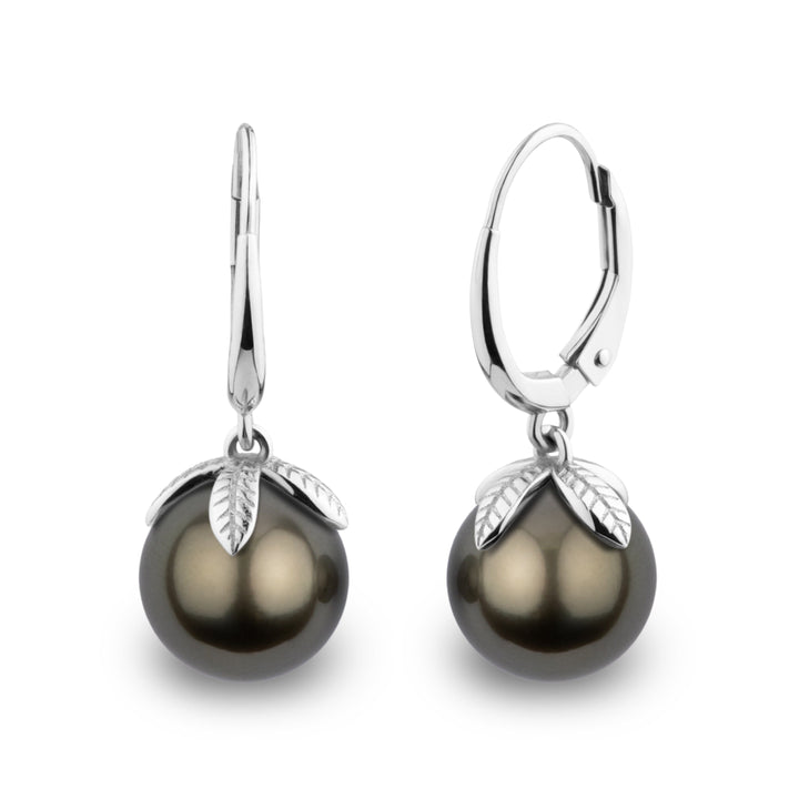 Leaf Collection 9.0-10.0 mm Tahitian Pearl Earrings featuring dark round pearls accented with delicate silver leaf-shaped caps and polished lever-back clasps.