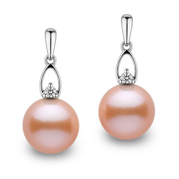 Juliet Collection 9.0-10.0 mm Pink to Peach Freshadama Pearl and Diamond Earrings in 14K White Gold