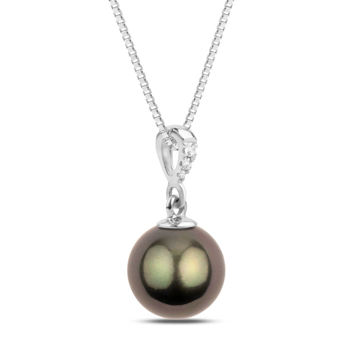 Grace Collection 9.0-10.0 mm Tahitian Pearl and Diamond Pendant featuring a lustrous black Tahitian pearl set in a white gold setting accented with small diamonds on an elegant chain.