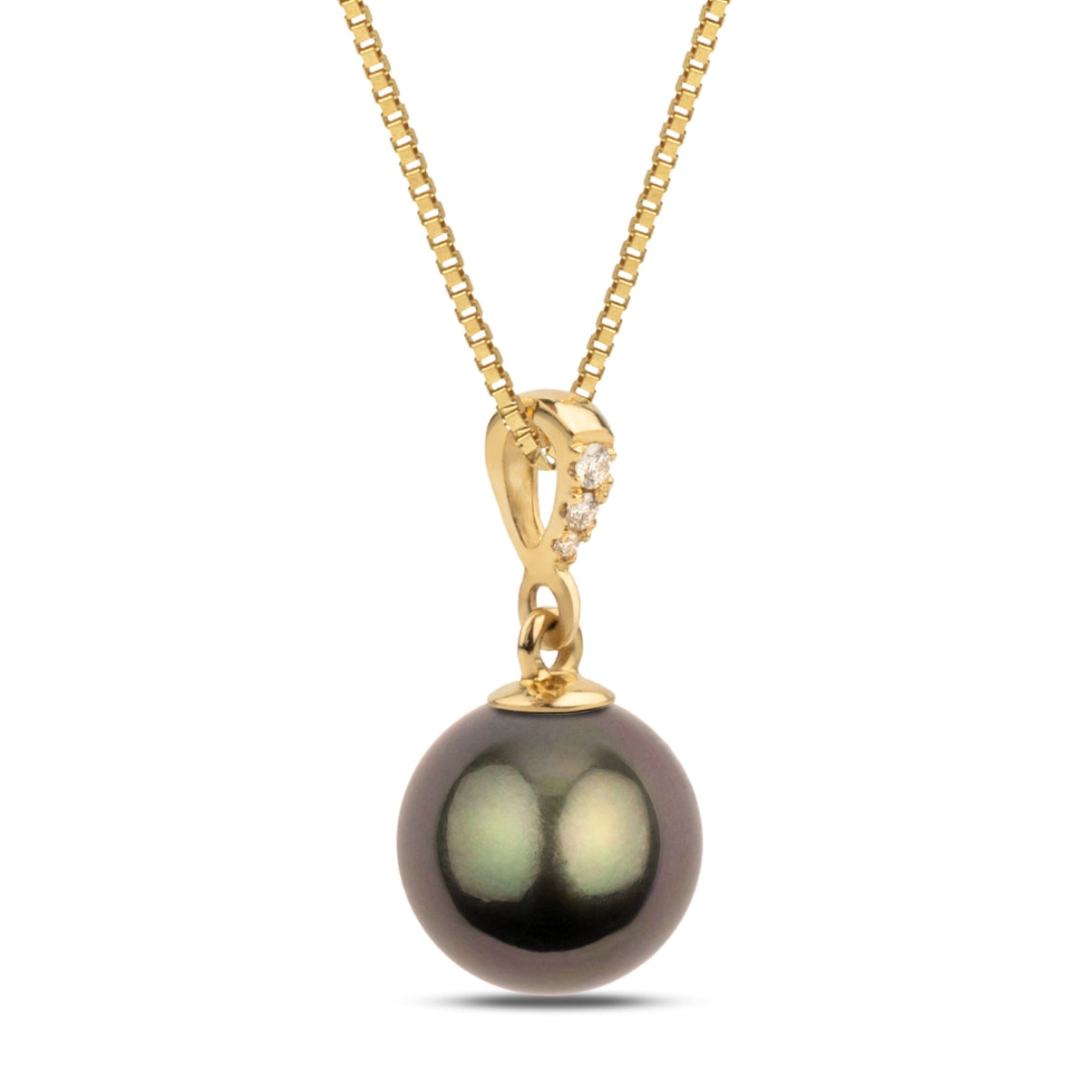 Grace Collection 9.0-10.0 mm Tahitian Pearl and Diamond Pendant featuring a dark Tahitian pearl set in yellow gold with sparkling diamonds on the bail, hanging from a gold chain.