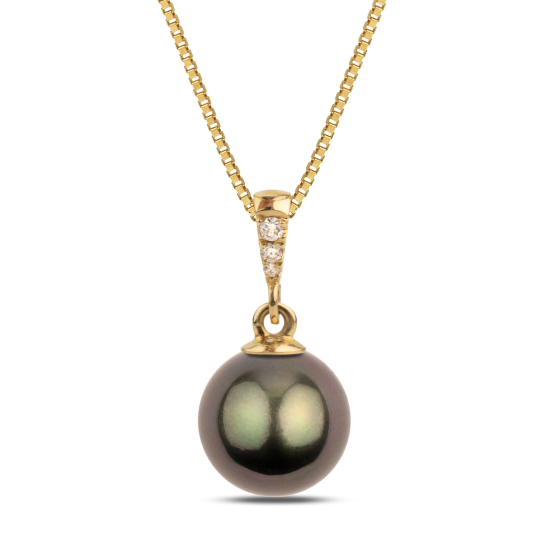 Grace Collection 9.0-10.0 mm Tahitian Pearl and Diamond Pendant featuring a lustrous dark Tahitian pearl accented with small sparkling diamonds on a delicate gold chain.