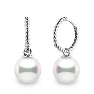 Rope Collection 9.0-10.0 mm White South Sea Pearl Earrings featuring lustrous round white pearls suspended from intricately twisted 14K white gold hoops, elegant fine pearl jewelry.