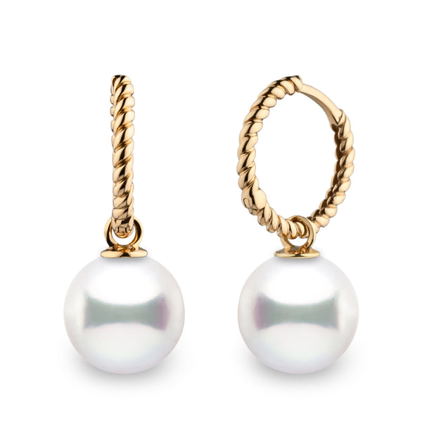 Rope Collection 9.0-10.0 mm White South Sea Pearl Earrings with lustrous white pearls suspended from twisted gold hoop clasps, showcasing elegant fine pearl craftsmanship.