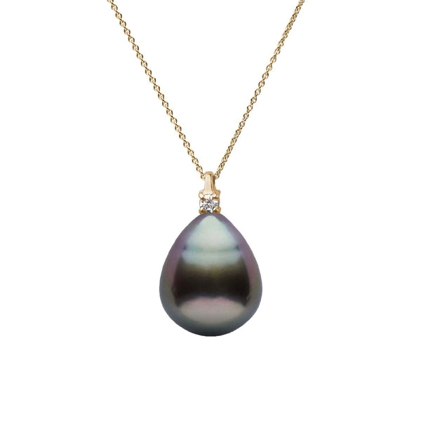 Promise Collection 9.0-10.0 mm Drop Tahitian Pearl and Diamond Adjustable Chain Pendant Yellow Gold