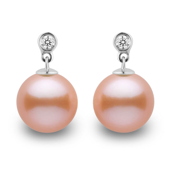 Brilliant Collection Pink to Peach Freshadama 9.0-10.0 mm Pearl & Diamond Earrings in 14K White Gold