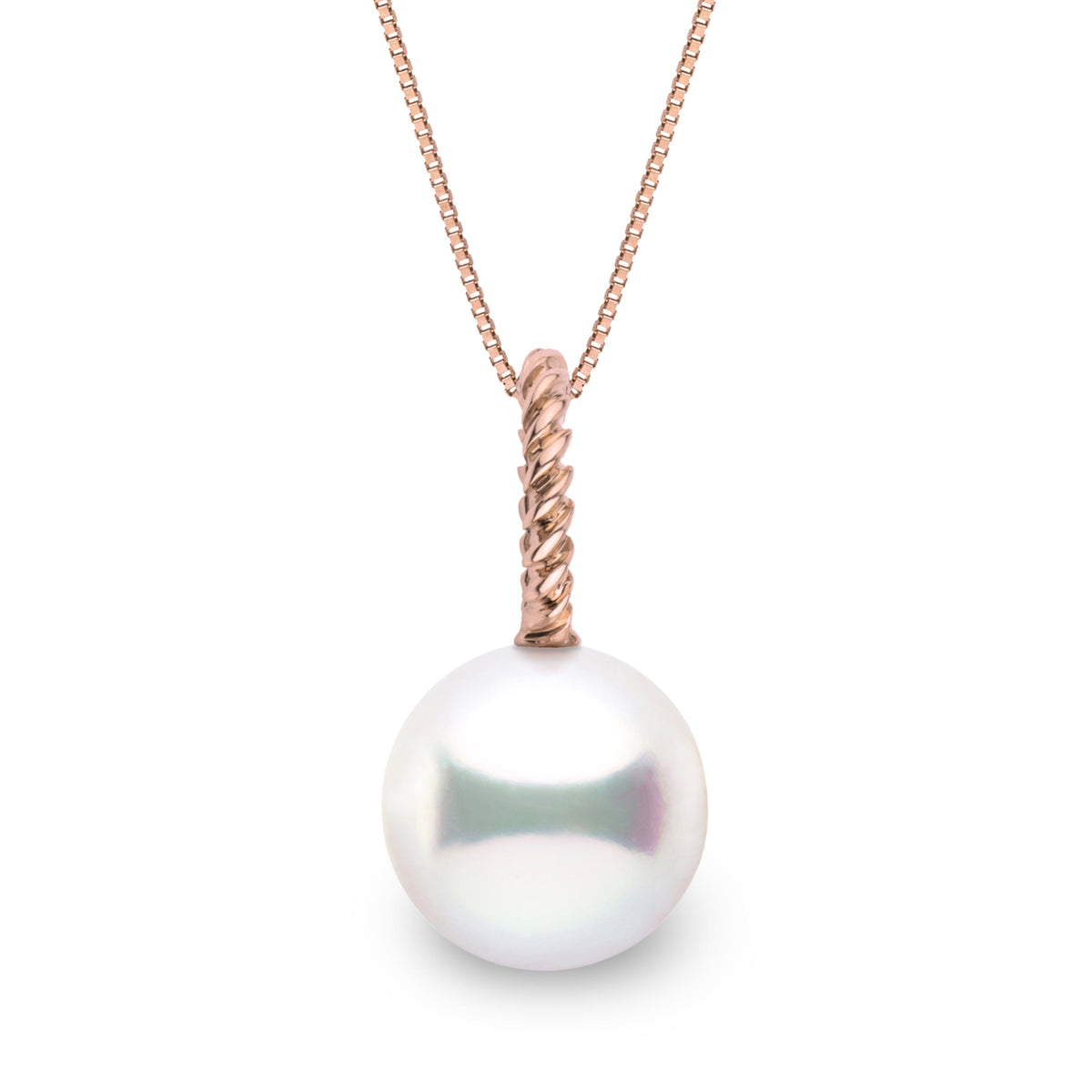 Rope Collection 9.0-10.0 mm White South Sea Pearl Pendant featuring a lustrous white South Sea pearl set on a delicate twisted rose gold bail and chain.