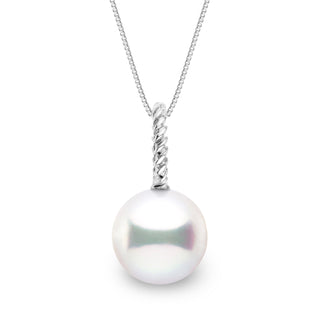 Rope Collection 9.0-10.0 mm White South Sea Pearl Pendant featuring a lustrous round white pearl suspended from a twisted rope-style 14K white gold bail on a delicate chain.