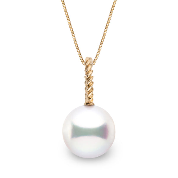 Rope Collection 9.0-10.0 mm White South Sea Pearl Pendant featuring a lustrous white pearl suspended from a twisted gold rope bail on a delicate chain, capturing timeless elegance.