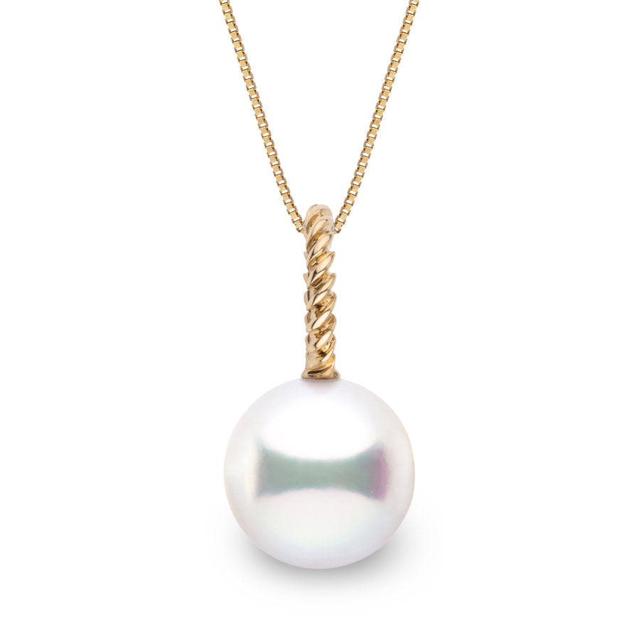 Rope Collection 9.0-10.0 mm White South Sea Pearl Pendant featuring a lustrous white pearl suspended from a twisted gold rope bail on a delicate chain, capturing timeless elegance.