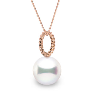 Rope Collection 9.0-10.0 mm White South Sea Pearl Pendant featuring a lustrous white pearl suspended from a rose gold twisted rope-style bail on a delicate chain, elegant and timeless.