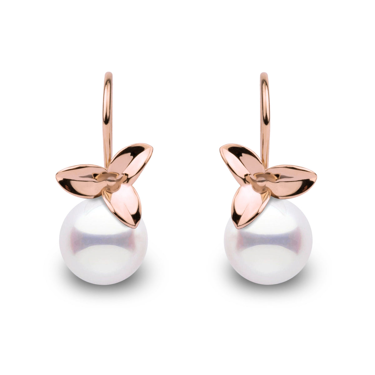 Blossom Collection 9.0-9.5 mm Akoya Pearl Earrings featuring lustrous white akoya pearls accented with elegant rose gold floral-inspired hooks, perfect for refined style.