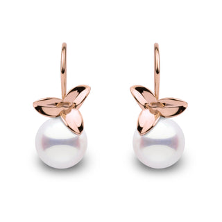 Blossom Collection 9.0-9.5 mm Akoya Pearl Earrings featuring lustrous white akoya pearls accented with elegant rose gold floral-inspired hooks, perfect for refined style.