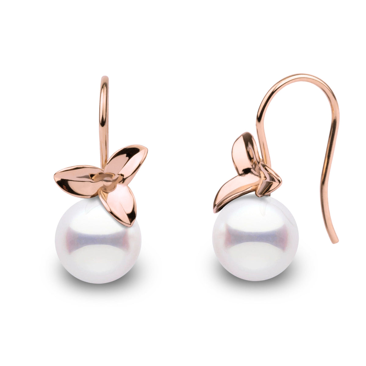 Elegant Blossom Collection 9.0-9.5 mm Akoya Pearl Earrings featuring white Akoya pearls with rose gold floral accents and delicate drop hooks for a refined look.
