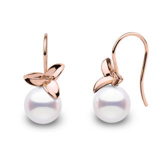 Elegant Blossom Collection 9.0-9.5 mm Akoya Pearl Earrings featuring white Akoya pearls with rose gold floral accents and delicate drop hooks for a refined look.