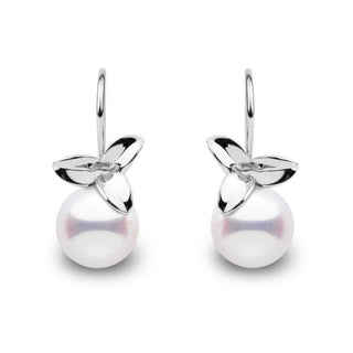 Elegant pair of Blossom Collection 9.0-9.5 mm Akoya Pearl Earrings featuring lustrous white pearls accented with delicate 14K white gold floral motifs for a refined, timeless look.