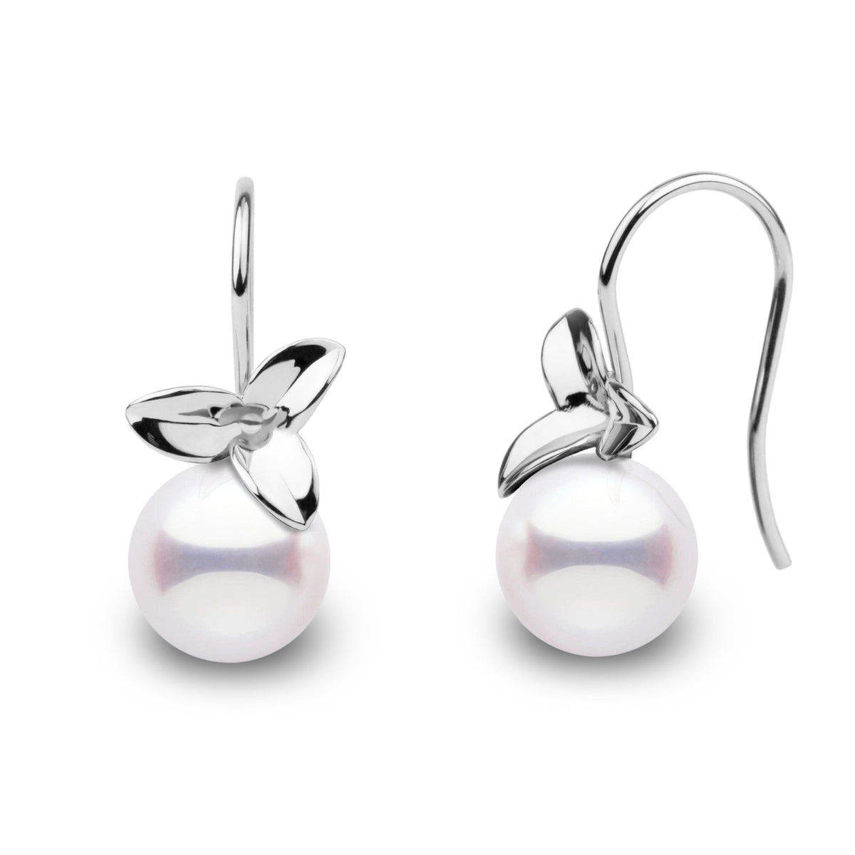 Elegant Blossom Collection 9.0-9.5 mm Akoya Pearl Earrings with white cultured pearls and polished 14K white gold flower accents hanging on delicate hooks.
