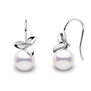 Elegant Blossom Collection 9.0-9.5 mm Akoya Pearl Earrings with white cultured pearls and polished 14K white gold flower accents hanging on delicate hooks.