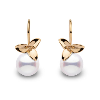 Blossom Collection 9.0-9.5 mm Akoya Pearl Earrings featuring lustrous white Akoya pearls accented with a delicate yellow gold floral design, elegant and timeless pearl earrings.