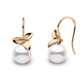Elegant Blossom Collection 9.0-9.5 mm Akoya Pearl Earrings featuring lustrous white akoya pearls with delicate yellow gold floral accents and hook closures.