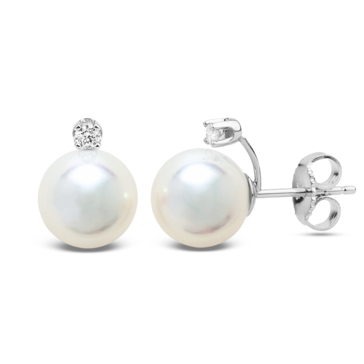 Starlight Collection 9.0-9.5 mm Natural White Hanadama Pearl and Diamond Stud Earrings