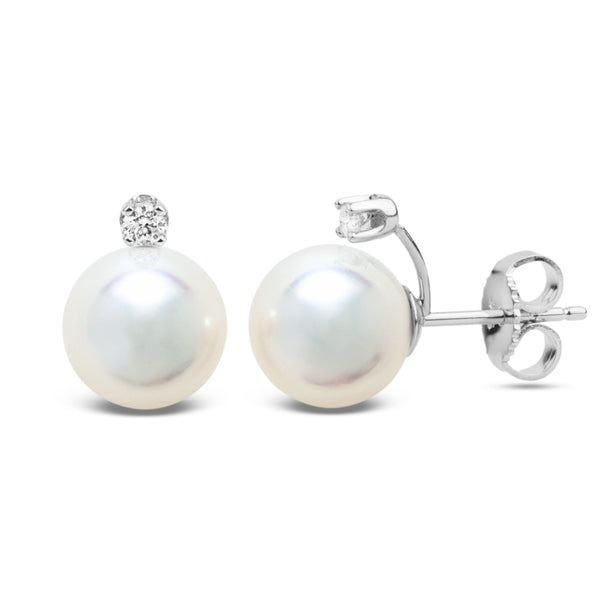 Starlight Collection 9.0-9.5 mm Natural White Hanadama Pearl and Diamond Stud Earrings