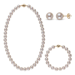 3-Piece Set of 9.0-9.5 mm AA+ White Akoya Pearls featuring a classic pearl necklace, matching pearl bracelet, and pearl stud earrings with gold accents.