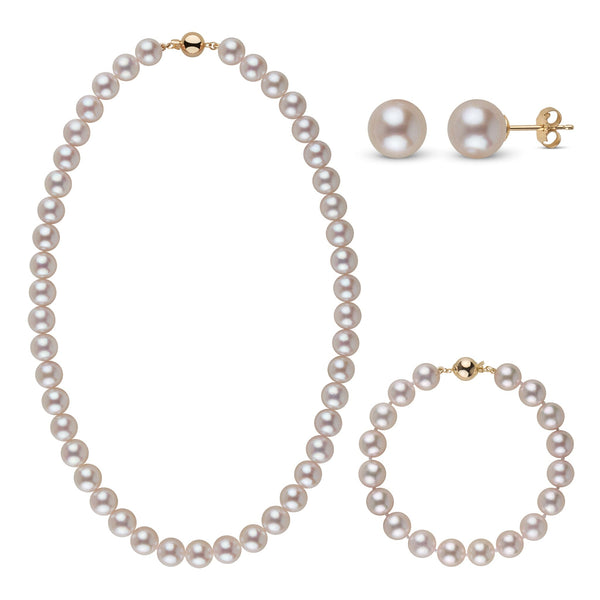 3-Piece Set of 9.0-9.5 mm AA+ White Akoya Pearls featuring a classic pearl necklace, matching pearl bracelet, and pearl stud earrings with gold accents.