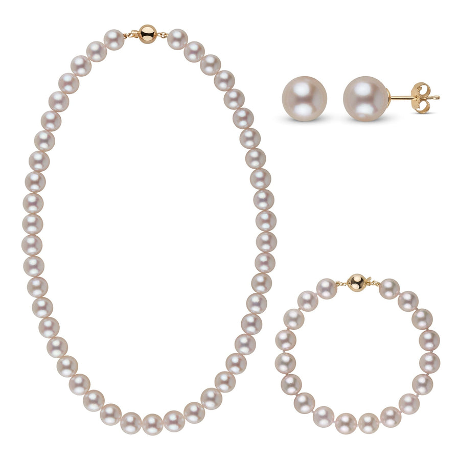3-Piece Set of 9.0-9.5 mm AA+ White Akoya Pearls featuring a classic pearl necklace, matching pearl bracelet, and pearl stud earrings with gold accents.