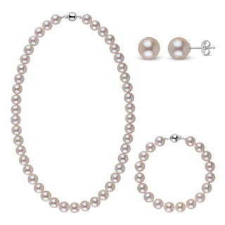 3-Piece Set of 9.0-9.5 mm AA+ White Akoya Pearls featuring a classic pearl necklace, matching pearl bracelet, and round pearl stud earrings in lustrous white akoya pearls.