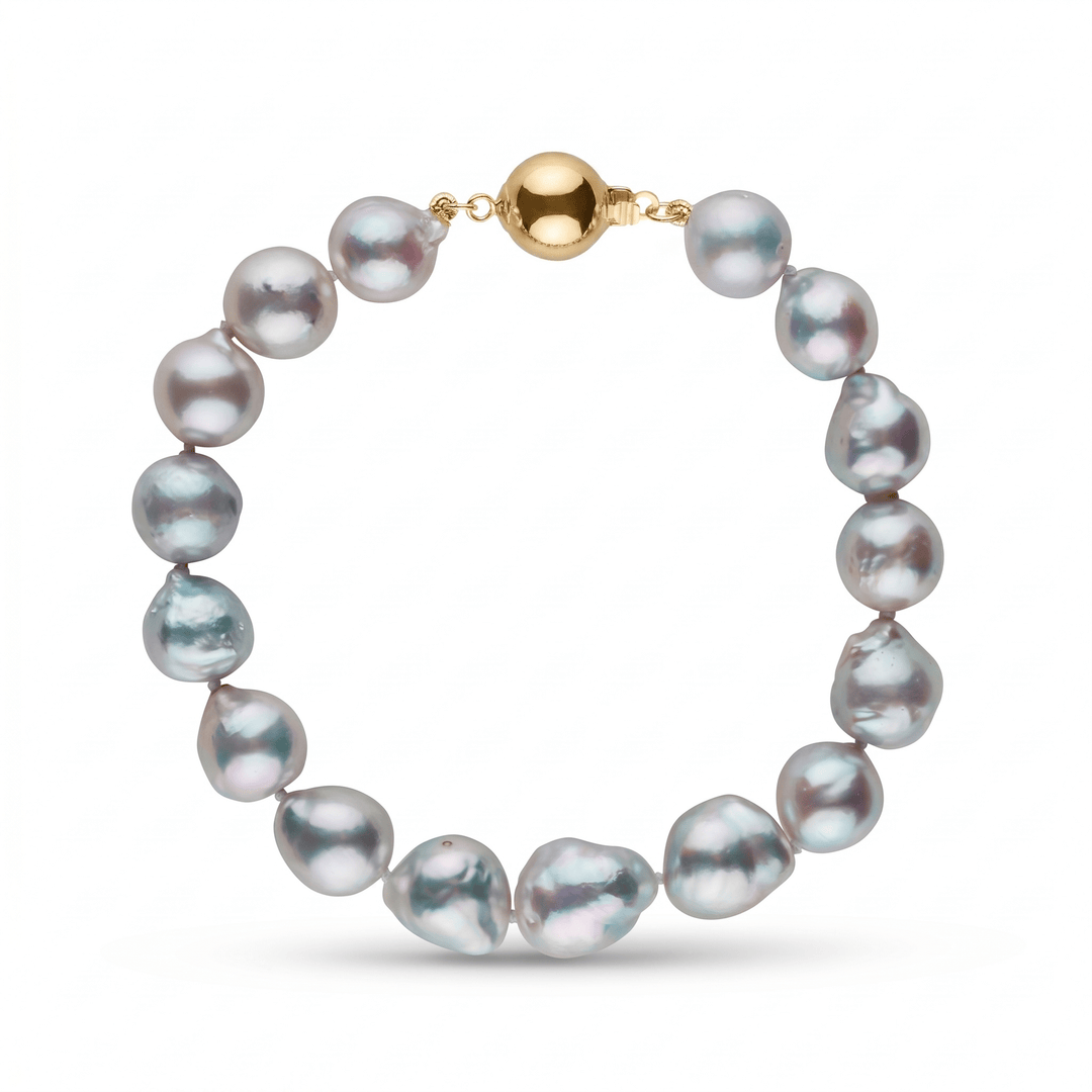 9.0-9.5 mm Silver-Blue Akoya Baroque Pearl Bracelet featuring lustrous irregular-shaped akoya pearls with silver-blue hues and a polished yellow gold clasp.