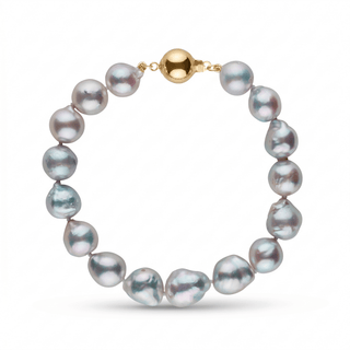 9.0-9.5 mm Silver-Blue Akoya Baroque Pearl Bracelet featuring lustrous irregular-shaped akoya pearls with silver-blue hues and a polished yellow gold clasp.