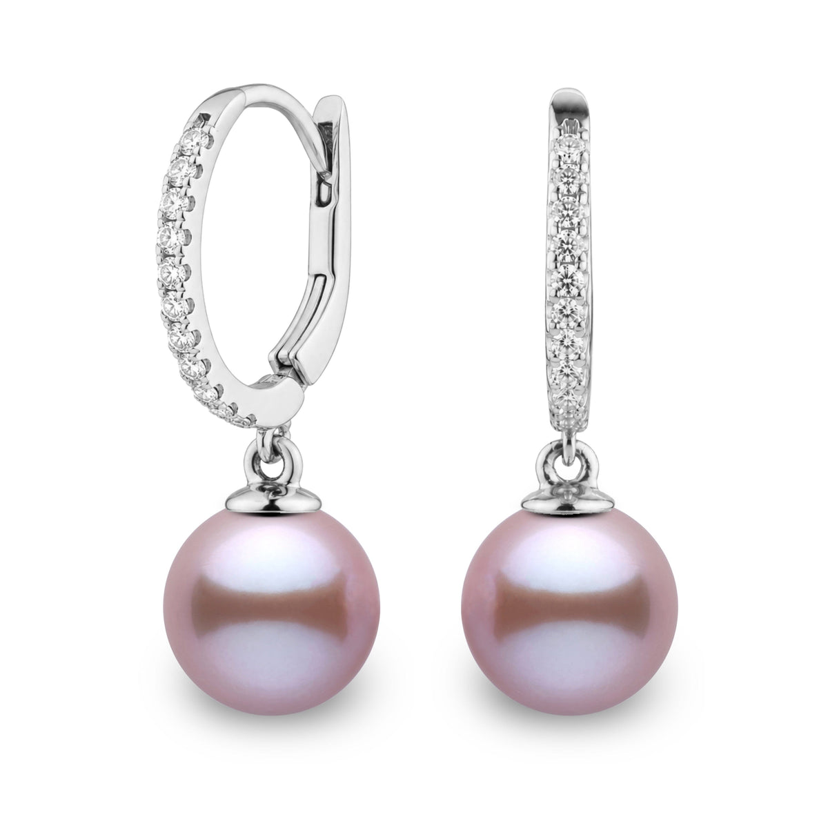 Eternal Collection 9.0-10.0 mm Lavender Freshadama Pearl & Diamond Dangle Earrings, view 2