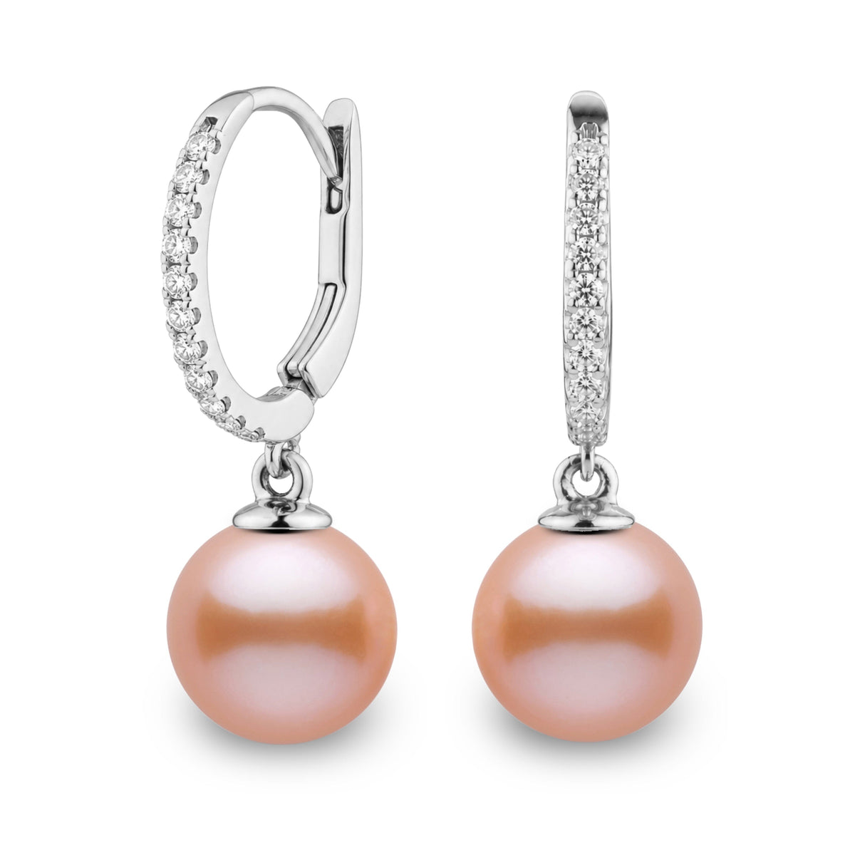 Eternal Collection 9.0-10.0 mm Pink to Peach Freshadama Pearl & Diamond Dangle Earrings in 14K White Gold