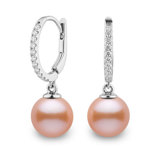 Eternal Collection 9.0-10.0 mm Pink to Peach Freshadama Pearl & Diamond Dangle Earrings in 14K White Gold
