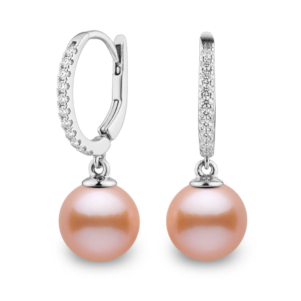 Eternal Collection 9.0-10.0 mm Pink to Peach Freshadama Pearl & Diamond Dangle Earrings in 14K White Gold
