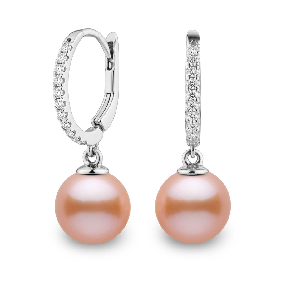 Eternal Collection 9.0-10.0 mm Pink to Peach Freshadama Pearl & Diamond Dangle Earrings in 14K White Gold