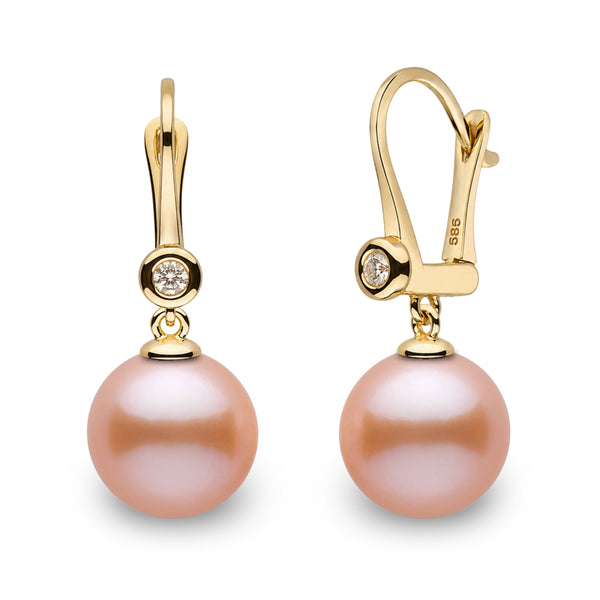 Romantic Collection 9.0-10.0 mm Pink to Peach Freshadama Pearl & Diamond Dangle Earrings in 14K Yellow Gold