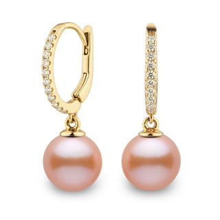Eternal Collection 9.0-10.0 mm Pink to Peach Freshadama Pearl & Diamond Dangle Earrings, view 2