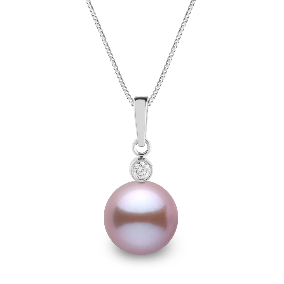 Brilliant Collection 9.0-10.0 mm Lavender Freshadama Pearl and Diamond Pendant in 14K White Gold on a Box Chain