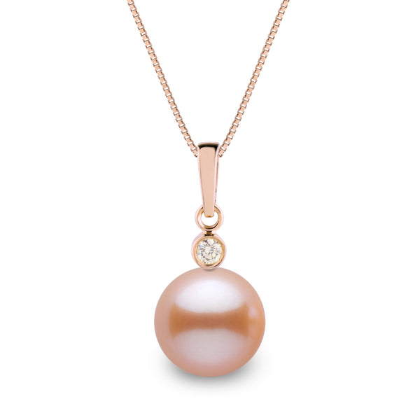 Brilliant Collection 9.0-10.0 mm Pink to Peach Freshadama Pearl and Diamond Pendant in 14K White Gold on a Box Chain