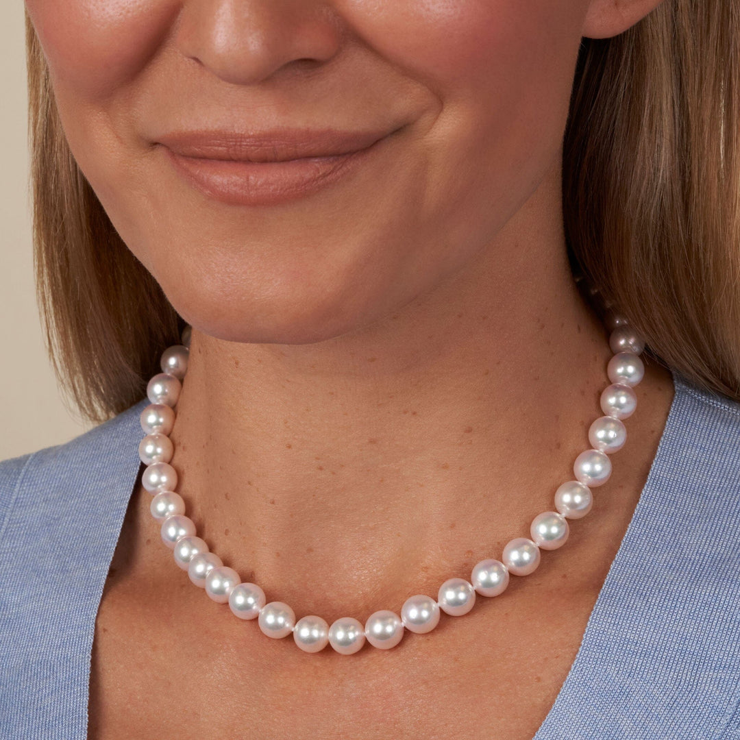 9.0-9.5 mm 16 Inch AAA Blush White Akoya Silver Rose Tone Pearl Necklace