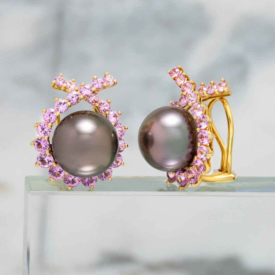 Assael Collection: 13.9 x 13.4 mm Tahitian Pearl and Pink Sapphire Crisscross Earrings