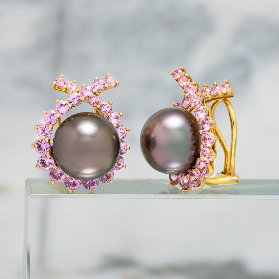 Assael Collection: 13.9 x 13.4 mm Tahitian Pearl and Pink Sapphire Crisscross Earrings