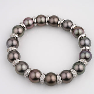 Assael Collection: 11.0-12.7 mm Tahitian Pearl and Diamond Bracelet featuring large dark Tahitian pearls accented by sparkling diamond-studded spacers in an elegant circular design.