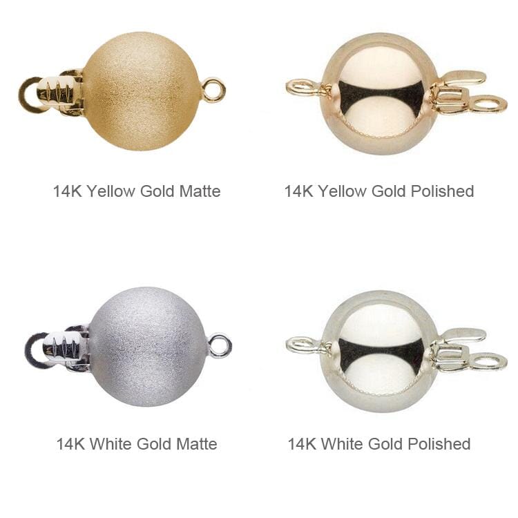 Four types of clasps for the 7.5-8.0 mm 18 inch White Hanadama Akoya Pearl Necklace in 14K yellow gold matte and polished, and 14K white gold matte and polished finishes.