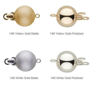 Four types of clasps for the 7.5-8.0 mm 18 inch White Hanadama Akoya Pearl Necklace in 14K yellow gold matte and polished, and 14K white gold matte and polished finishes.