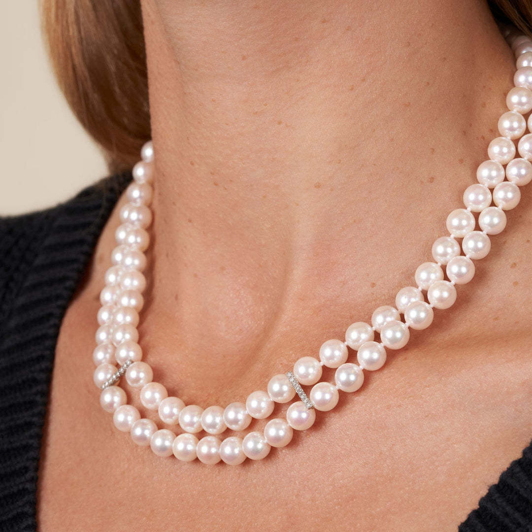 7.0-7.5 mm Double Strand White AAA Akoya Pearl and Diamond Necklace