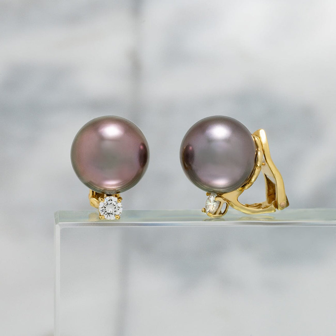 Assael Collection: 12.8 x 12.5 mm Tahitian Pearl and Diamond Earrings, 18K Yellow Gold