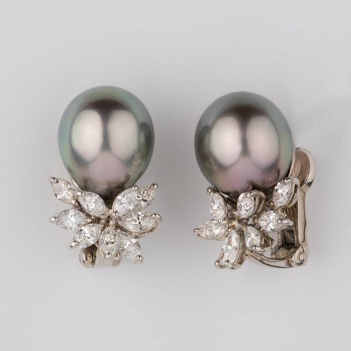 Assael Collection: 12.7–15.1 mm Tahitian Pearl and Diamond Earrings featuring lustrous dark Tahitian pearls accented with an elegant cluster of marquise and pear-shaped diamonds.